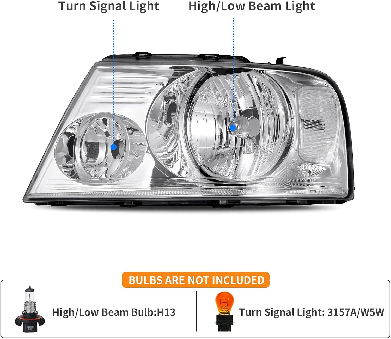 DWVO Headlight Assembly Compatible with 2004-2008 Ford F150 Pickup 06-08 Lincoln Mark LT Passenger and Driver side Chrome Housing Clear Reflector Clear Lens