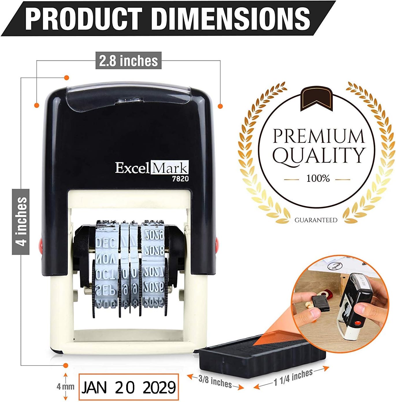 ExcelMark 7820 Self-Inking Rubber Date Stamp ¨C Great for Shipping, Receiving, Expiration and Due Dates (Red Ink)