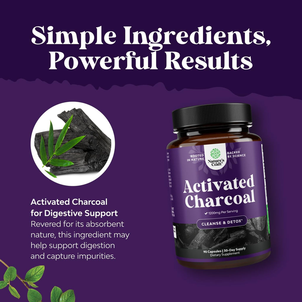 Natures Craft Activated Charcoal Pills Detox & Cleanse - Purifying Coconut Capsules with 1200 mg Per Serving for Bloating Relief - Active Detox Supplement for Body & Gut Health - 90 Count