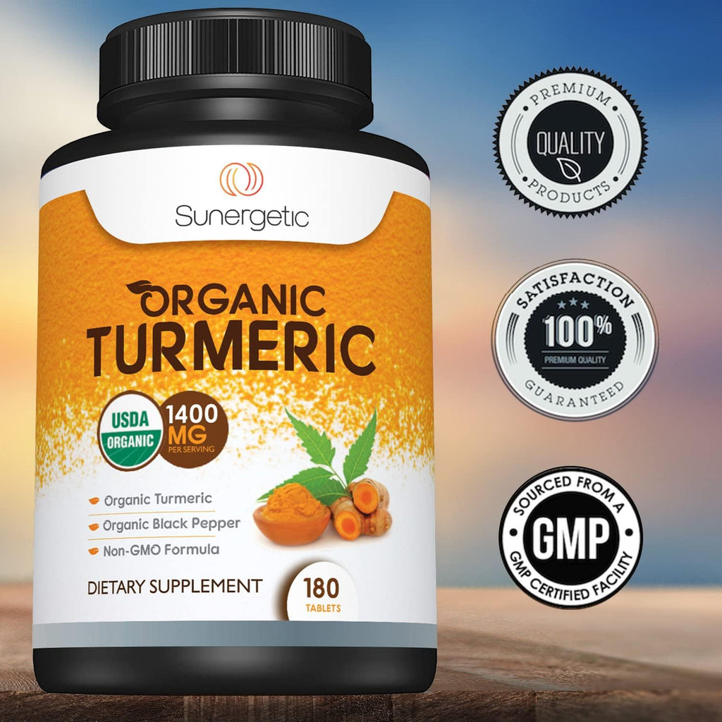 Sunergetic USDA Certified Organic Turmeric Supplement ¨C Includes Organic Turmeric & Organic Black Pepper ¨C 1,400mg of Turmeric per Serving - 180 Count (Pack of 1)