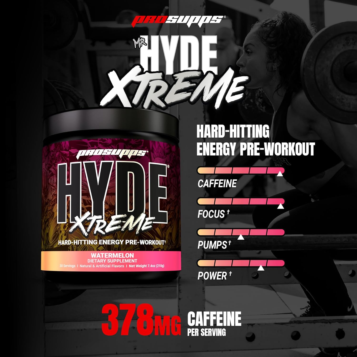 PROSUPPS Mr. Hyde Xtreme Pre Workout Powder with Creatine, Beta Alanine Caffeine ¨C Extreme Energy, Pumps, Focus Performance - Fitness Gym Supplements for Men Women (Watermelon, 30 Servings)
