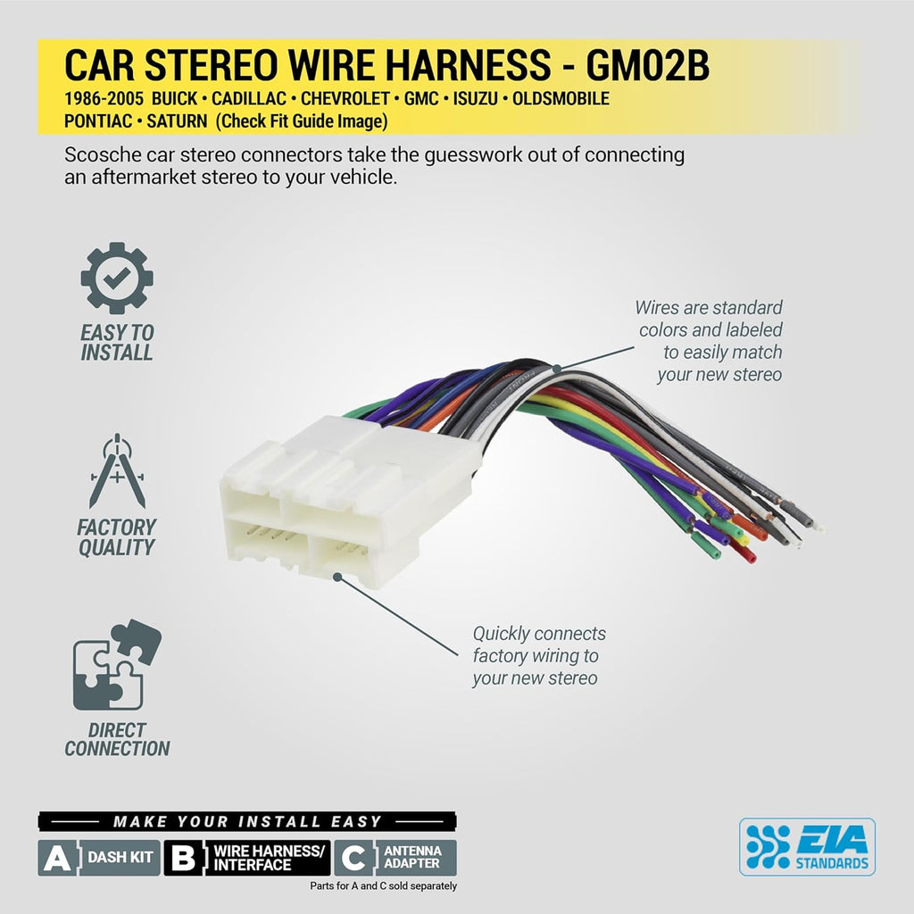 GM02B Car Stereo Wiring Harness with Crimp Connectors Compatible with Select Non-Amplified 1986-2005 General Motors Vehicles - Check Vehicle List in Images to Verify Your Model