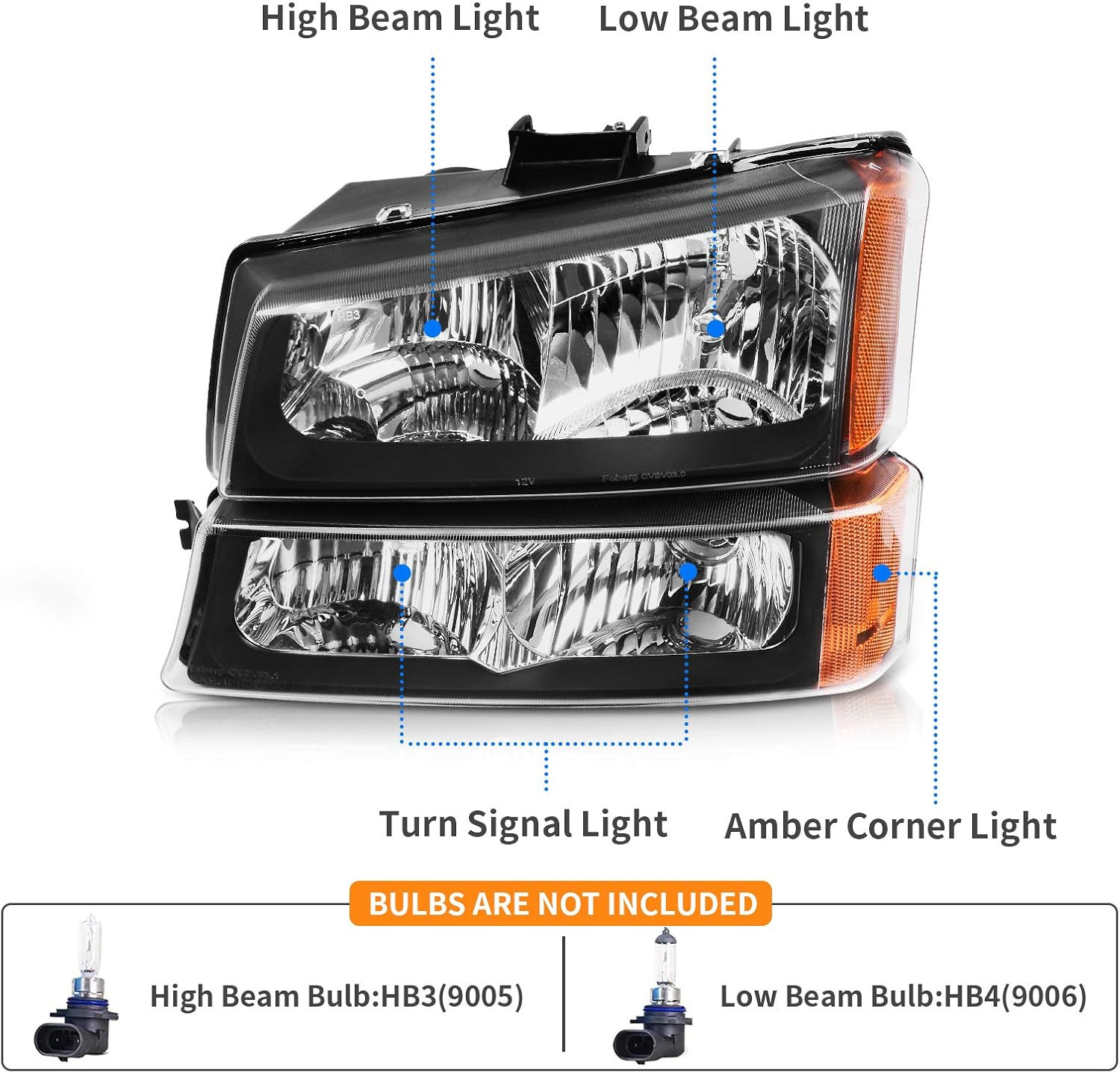 DWVO Headlights Assembly Compatible with 2003 2004 2005 2006 Chevy Silverado Avalanche 1500 1500HD 2500 2500HD 3500 Headlamp 2007 Silverado 1500 2500 3500 Black Housing with Front Signal Lights
