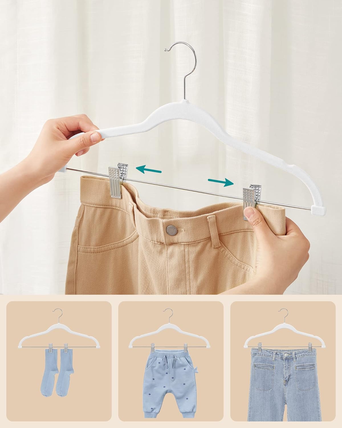 30-Pack Pants Hangers, 16.7-Inch Long Velvet Hanger with Adjustable Clips, Heavy-Duty, Non-Slip Skirt Hangers, Space-Saving for Pants, Skirts, Coats, Dresses, White UCRF012W02
