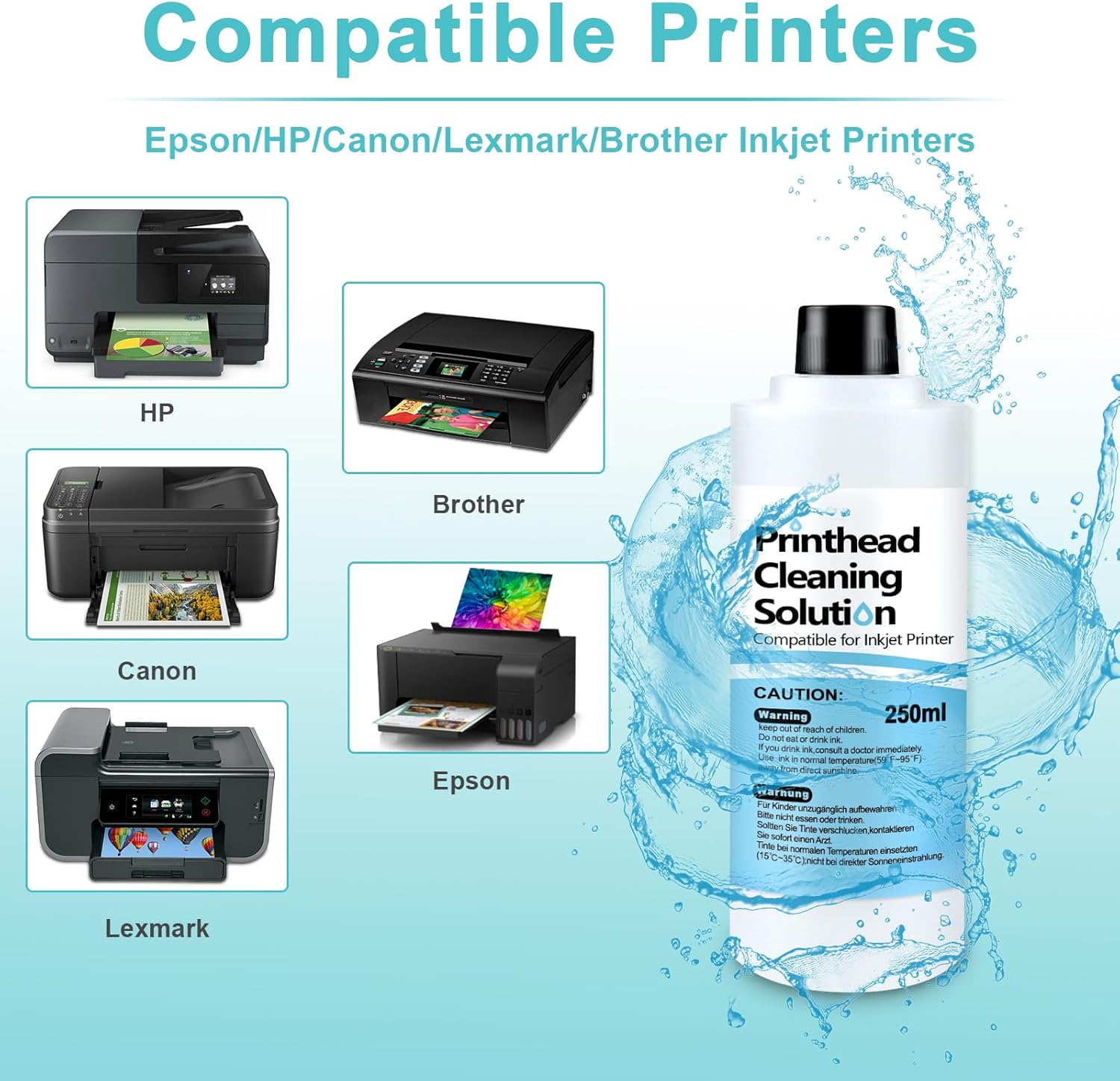 Printhead Cleaning Kit for Epson, 250mL Printer Cleaning Kit for Inkjet Printer, Print Head Cleaning Kit for HP, Print Head Cleaner for Canon Inkjet, Printer Head Cleaning Kit 250mL for Brother Inkjet
