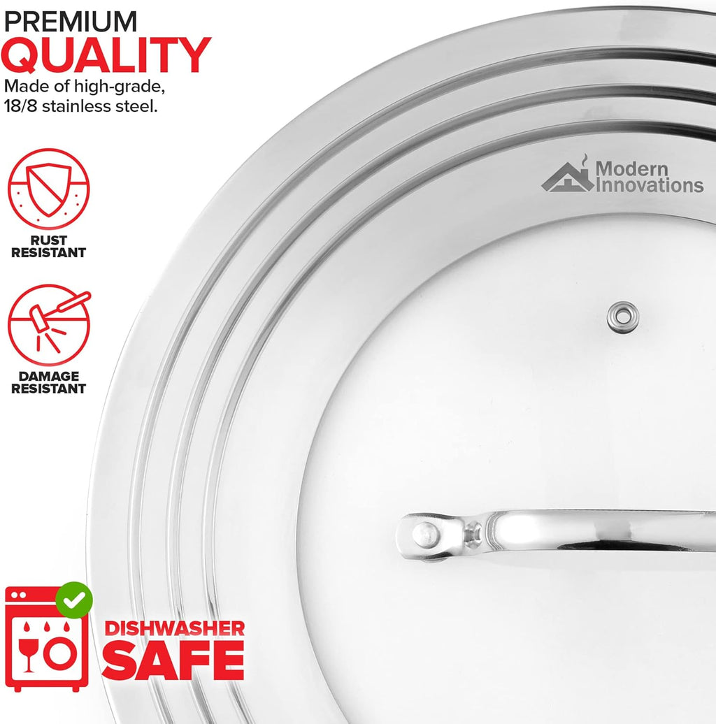 Modern Innovations Universal Lid with Tempered Glass Top for Pots Pans, Fits 8.25, 9, 10, 11, and 12 Inch Cookware - Large Replacement Frying Pan Cover, Cast Iron Skillet Lids - Stainless Steel