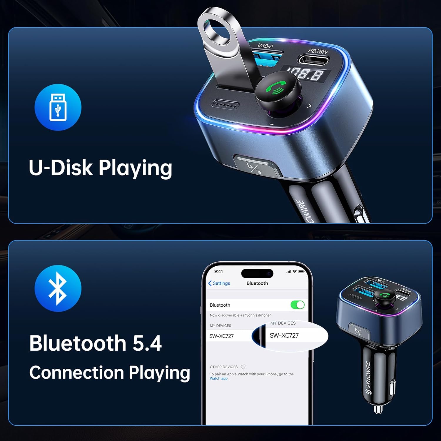 Syncwire Bluetooth 5.3 FM Transmitter Car Adapter 48W(PD 36W 12W) [Light Switch] [Hi-Fi Deep Bass] [Fast Charging] Wireless Radio Music Adapter LED Display Hands-Free Calling Support USB Drive