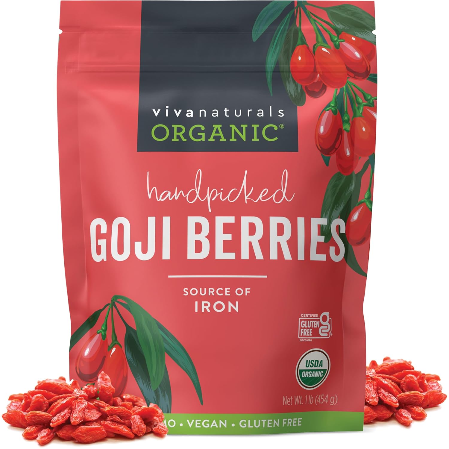 Viva Naturals Organic Dried Goji Berries, 1 lb (454 g) ¨C Non-GMO, Vegan Wolfberries, Perfect for Goji Berry Tea, Smoothies, Baking Snacking