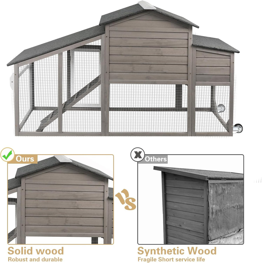 PetsCosset Chicken Coop Wooden Backyard Hen House - Indoor Outdoor for 2-3 Chickens, 2 Story Poultry Cage with Run, Chicken Nesting Box, Pull Out Trays and Anti-Slip Asphalt Ramp