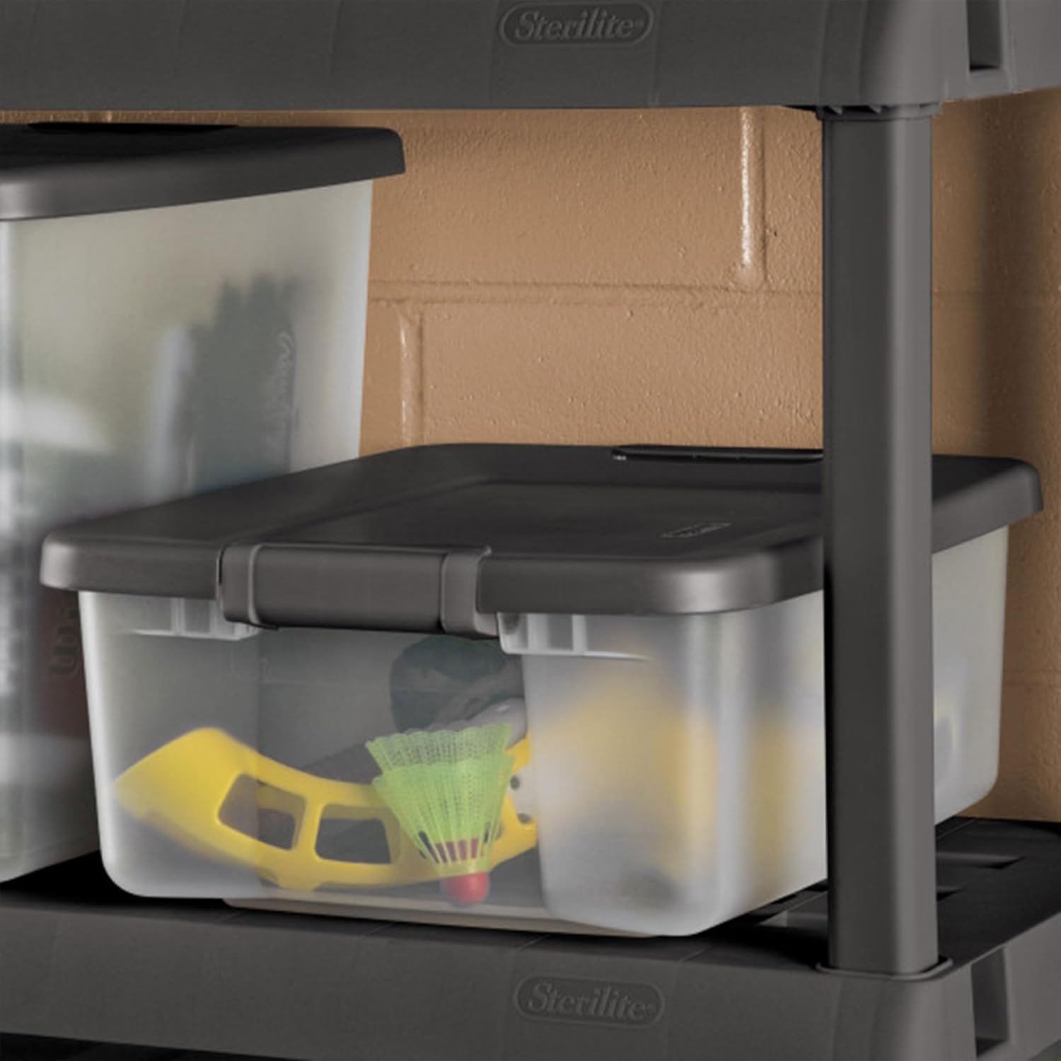 Sterilit 12-Pac ShelfTote Clea Plasti Storag Bin wit Lids 2 Quart Gra Stackabl Organizin Containe Boxe fo Closet Bathroom an Office