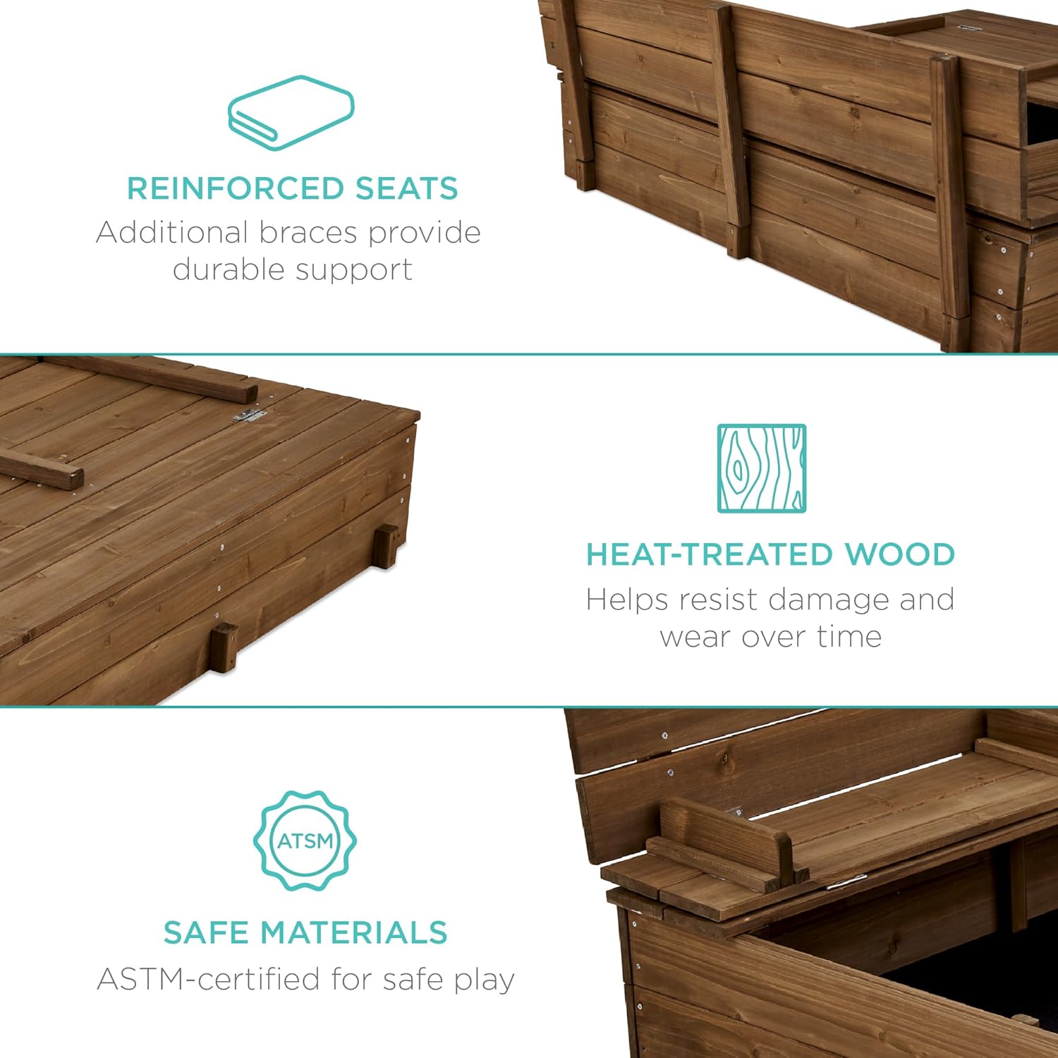 Best Choice Products Kids' Outdoor Wooden Sandbox Large, Cedar Wood with Foldable Bench Seats and Sand Protection, Bottom Liner Included - Walnut