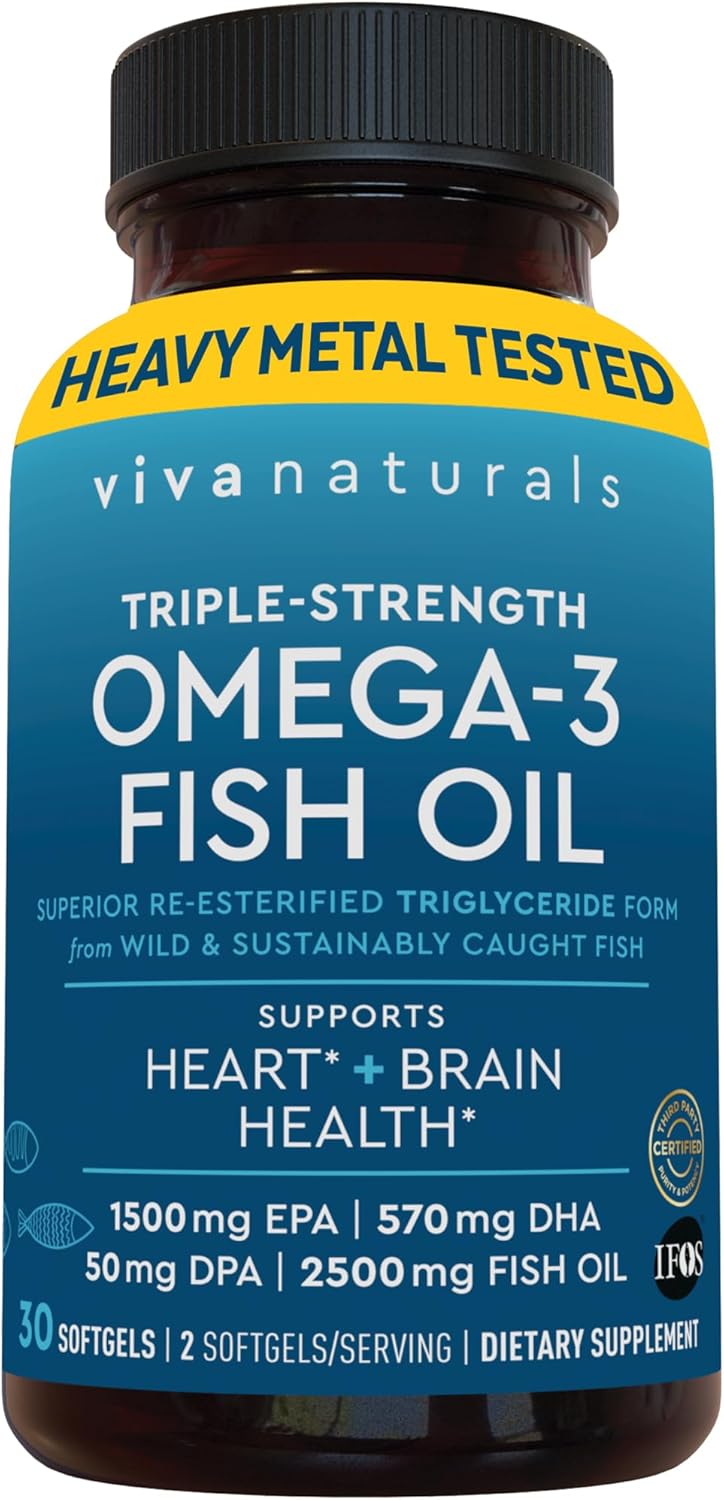 Viva Naturals Omega-3 Fish Oil, Triple Strength, 2500 mg, 30 Softgels ¨C Re-Esterified Omega 3 Fatty Acids Including EPA, DHA, DPA - Pascatarian-Friendly
