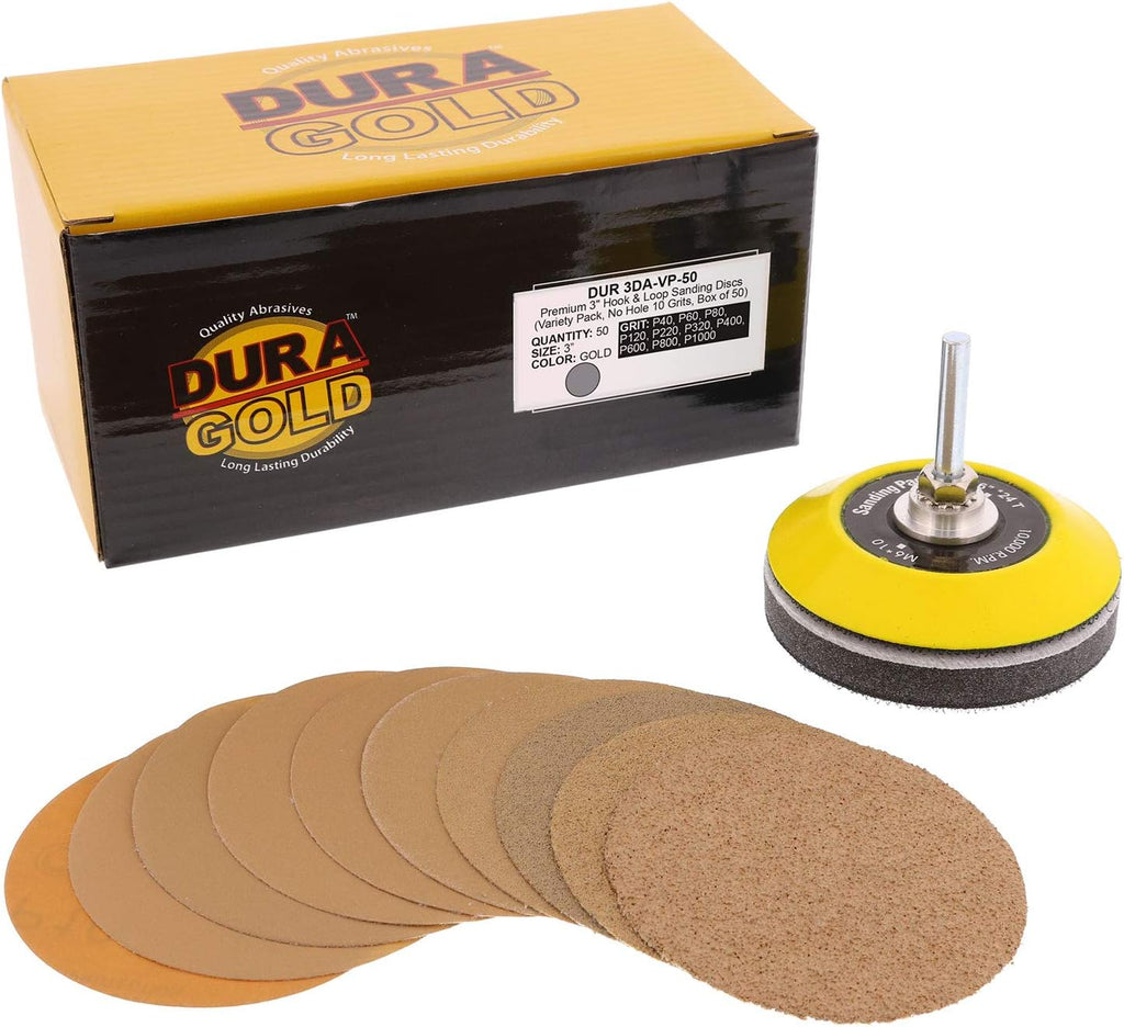 Dura-Gold - Premium - Variety Pack (40,60,80,120,220,320,400,600,800,1000) - 3inch Gold Hook & Loop Sanding Discs for DA Sanders - Box of 50 Sandpaper Finishing Discs for Automotive and Woodworking