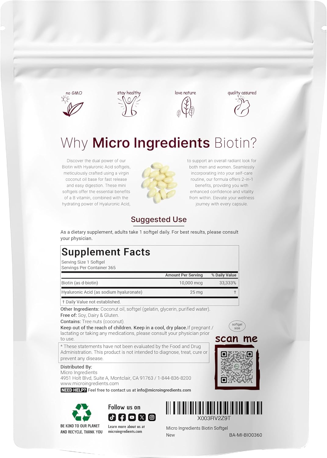 Micr Ingredient Bioti 10,000mc w/Hyaluroni Aci 25m 36 Virgi Coconu Oi Softgels Fas Release On Yea Supply Support Health Hair Ski Nails Non-GM N Gluten
