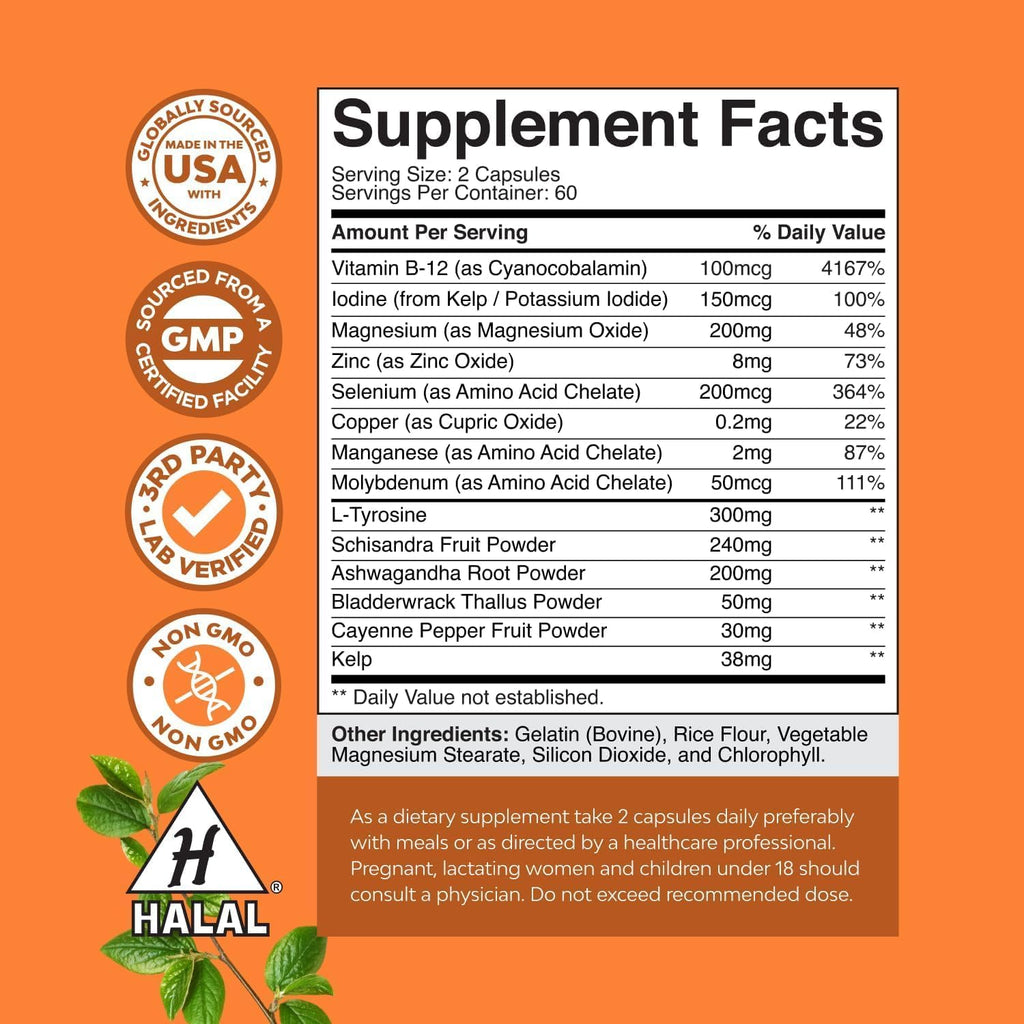 Herbal Thyroid Support Complex - Potent Kelp Iodine Supplement with L Tyrosine, Bladderwrack, Selenium Pure Ashwagandha for Hormone Balance - Mood Energy Dietary Pills - 120 Halal Capsules