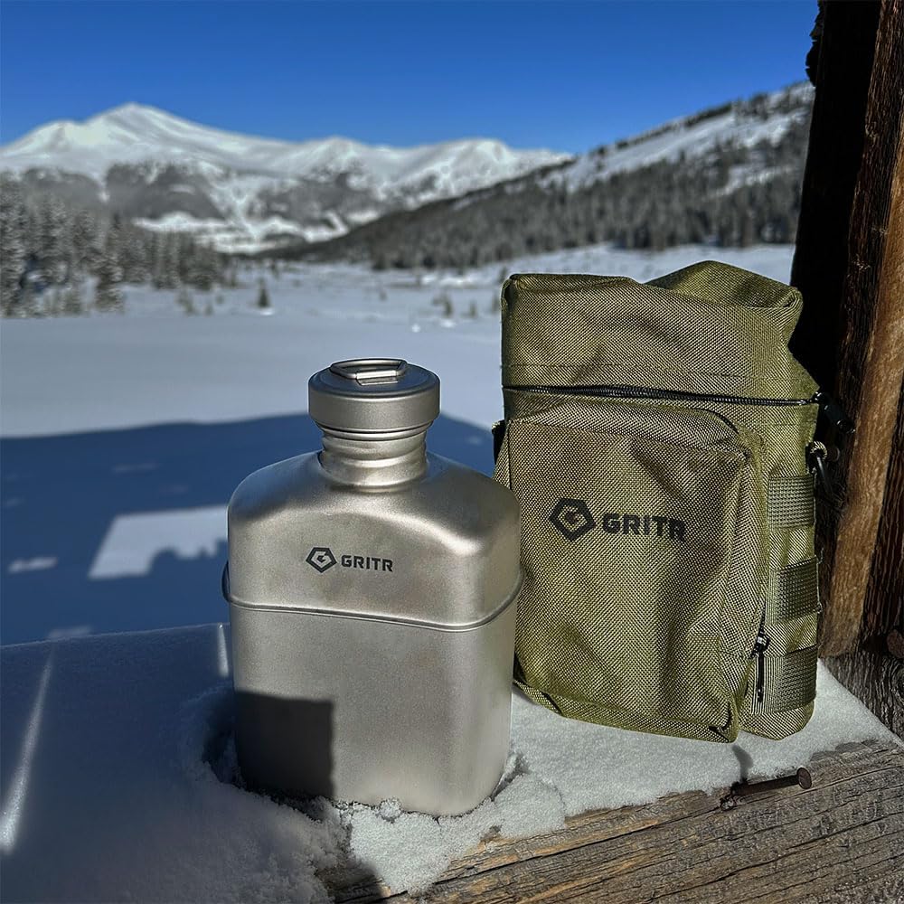 GRIT Titaniu Cantee Mes Ki Compac Portabl Campin Ope Fir Cookwar Se fo Backpacking Hiking Fishin Ultraligh Durabl Outdoo Cam Cookin Utensil Storag Ba Included