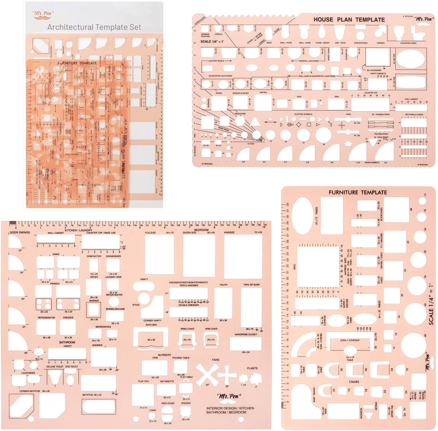 House Plan, Interior Design and Furniture Templates, Drafting Tools and Ruler Shapes for Architecture - Set of 3