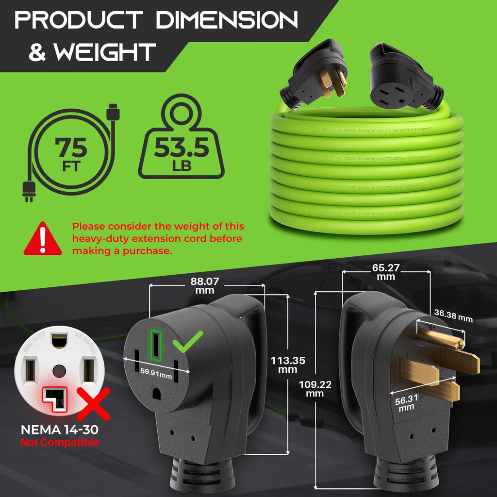 GEARit 50-Amp Extension Cord for RV & EV, 250-Volt, 4-Prong, Compatible with Tesla Models, NEMA 14-50P to 14-50R 6/3, 8/1 STW AWG Gauge, Waterproof, 75 ft, Green