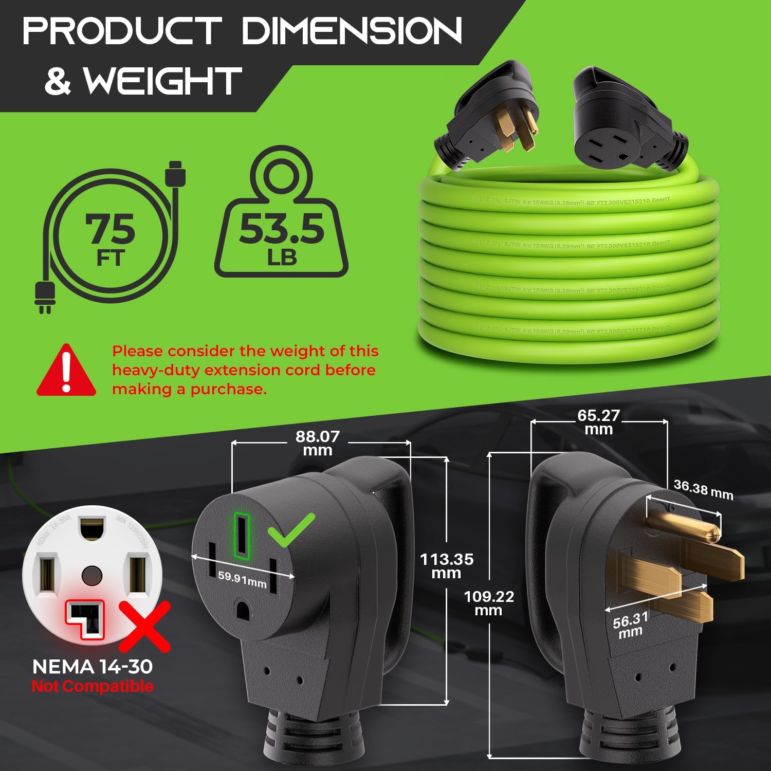 GEARit 50-Amp Extension Cord for RV & EV, 250-Volt, 4-Prong, Compatible with Tesla Models, NEMA 14-50P to 14-50R 6/3, 8/1 STW AWG Gauge, Waterproof, 75 ft, Green