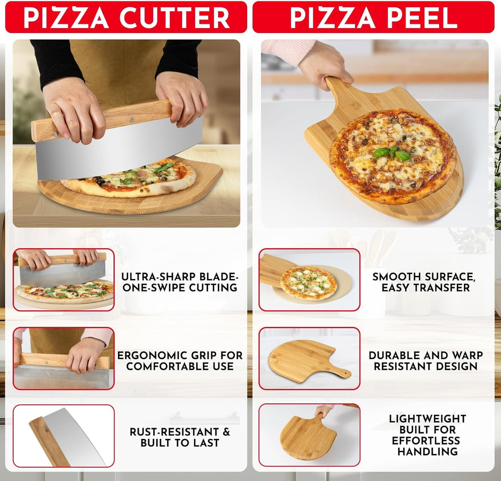 3PCS Round Pizza Stone for Oven Set 15inch - Comes with Pizza Peel for Oven and Cutter - Cordierite Stones for Bread, Calzone, Cookies