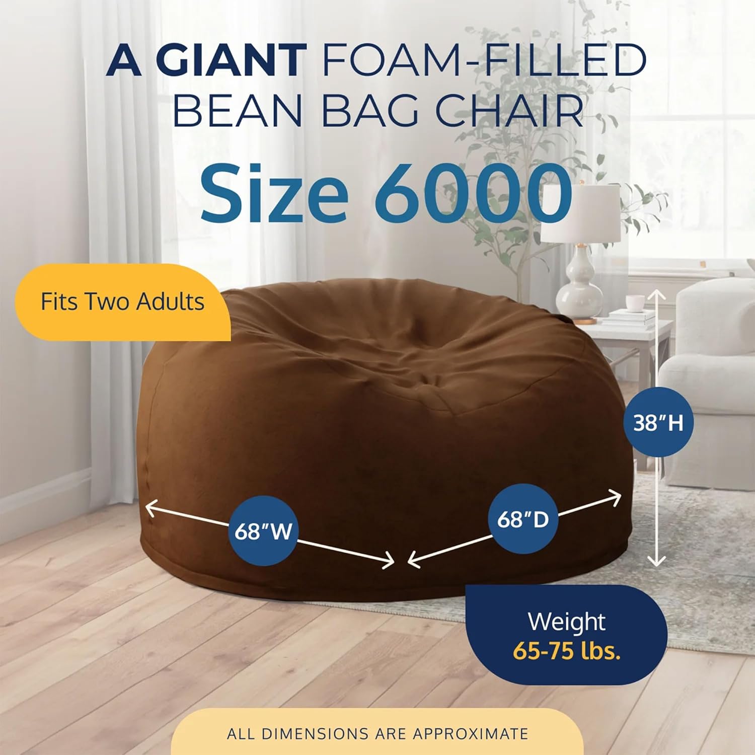 ULTIMATE SACK 6ft Bean Bag Chair Footstool, Oversize Bean Bag Chair for Adults, Comfy Chair Bean Bag Couch Lounge Sofa Loveseat Furniture | Brown Suede