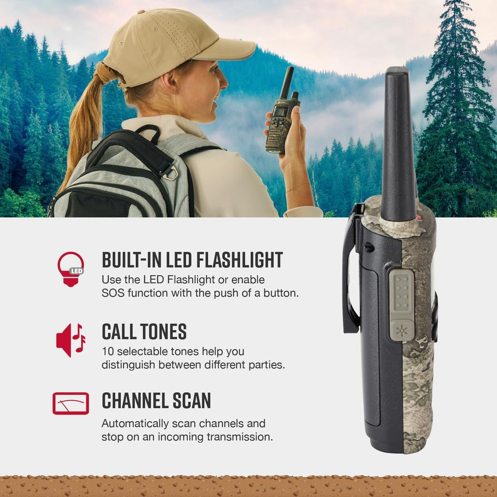 RX380 Walkie Talkies (2-Pack) ¨C Weather Resistant Two Way Radios Long Range, 40 Pre-Programmed Channels, Weather Alerts, LED Flashlight, Long-Life NiMH Batteries (TrueTimber Strata Camo)