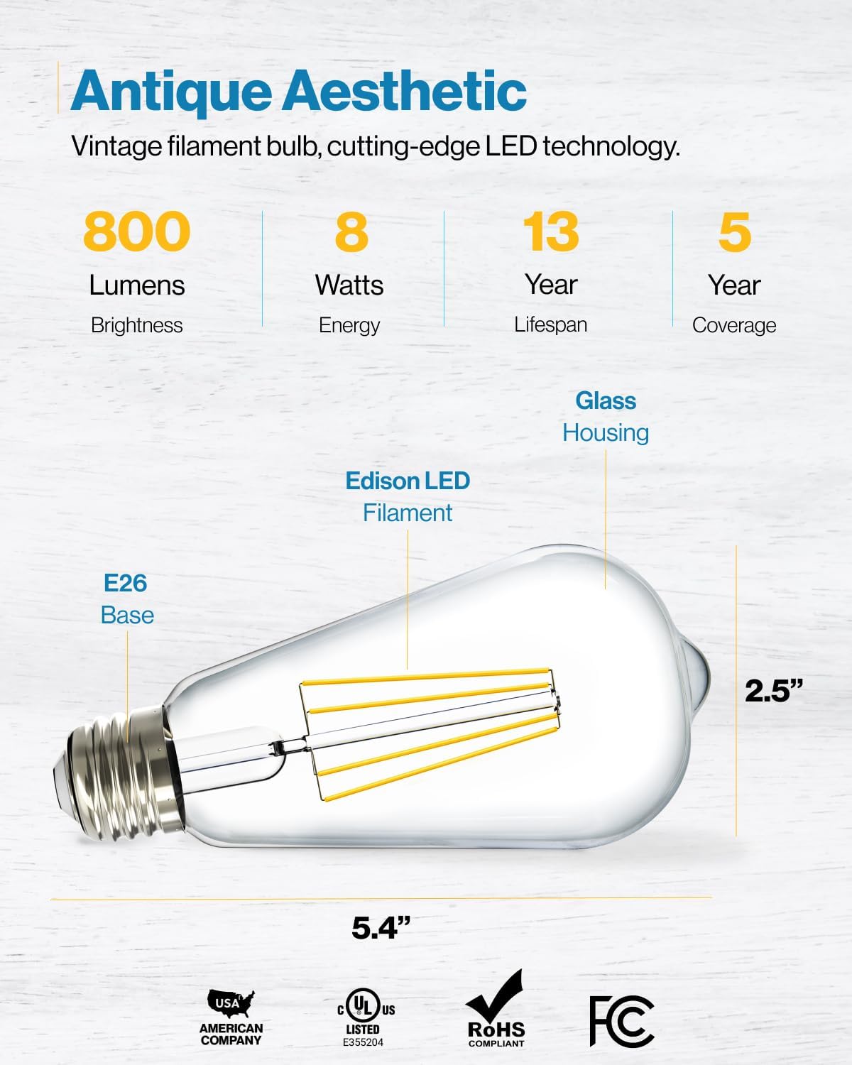 Sunco Edison Bulbs LED ST64, Clear Vintage Filament Waterproof Bulb, 800 LM, 8.5W (60W Equivalent), 3000K Warm White, E26 Medium Base, Decorative Dimmable UL 2 Pack.