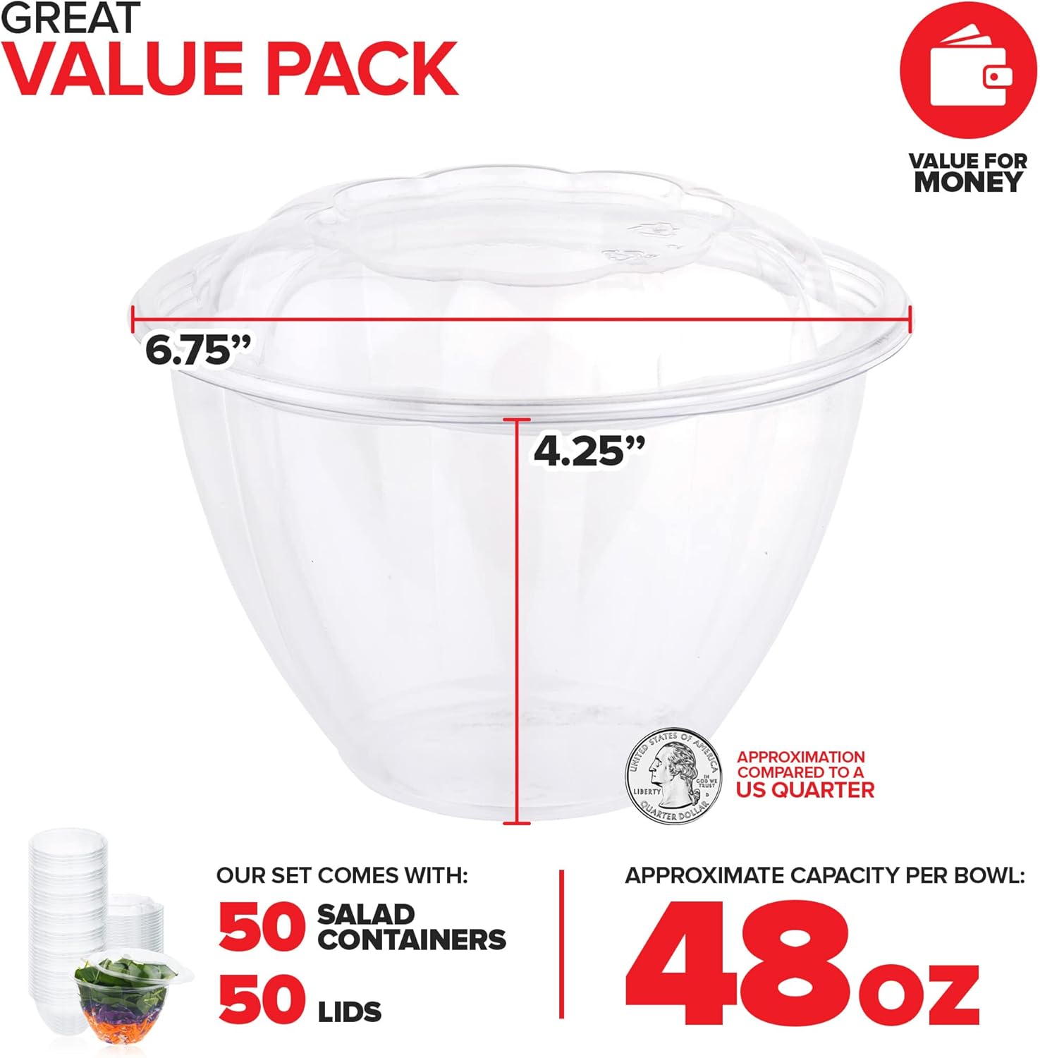 Stock Your Home Plastic Bowls with Lids (50 Count) 48 Oz. Disposable To-Go Containers ¨C Large Airtight Bowls for Dinner or On-the-Go Meals