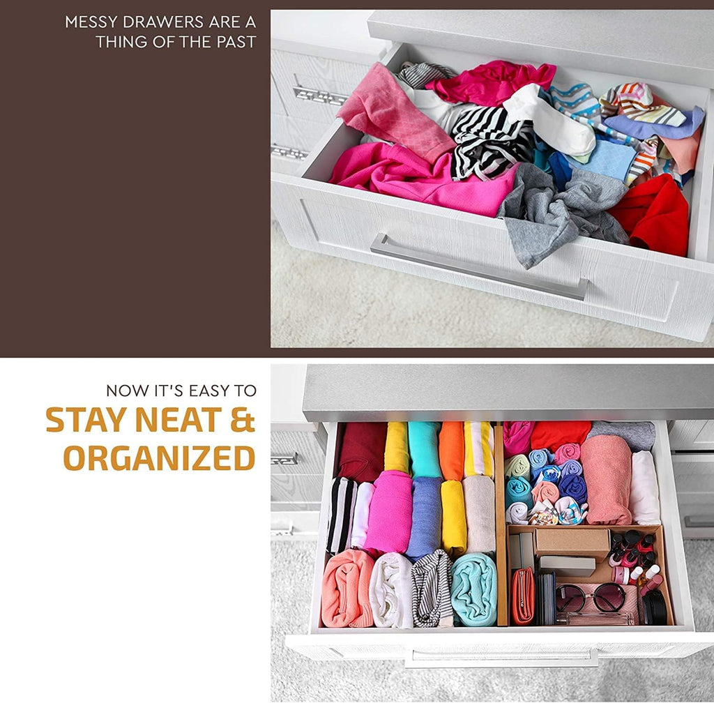 6 Pack Bamboo Drawer Dividers - 17inch to 21.5inch Expandable Adjustable Drawer Organizer for Kitchen Utensils, Large Kitchen Drawer Divider, Clothes, Dresser, Bedroom, Bathroom & Desk Drawer Separator Set