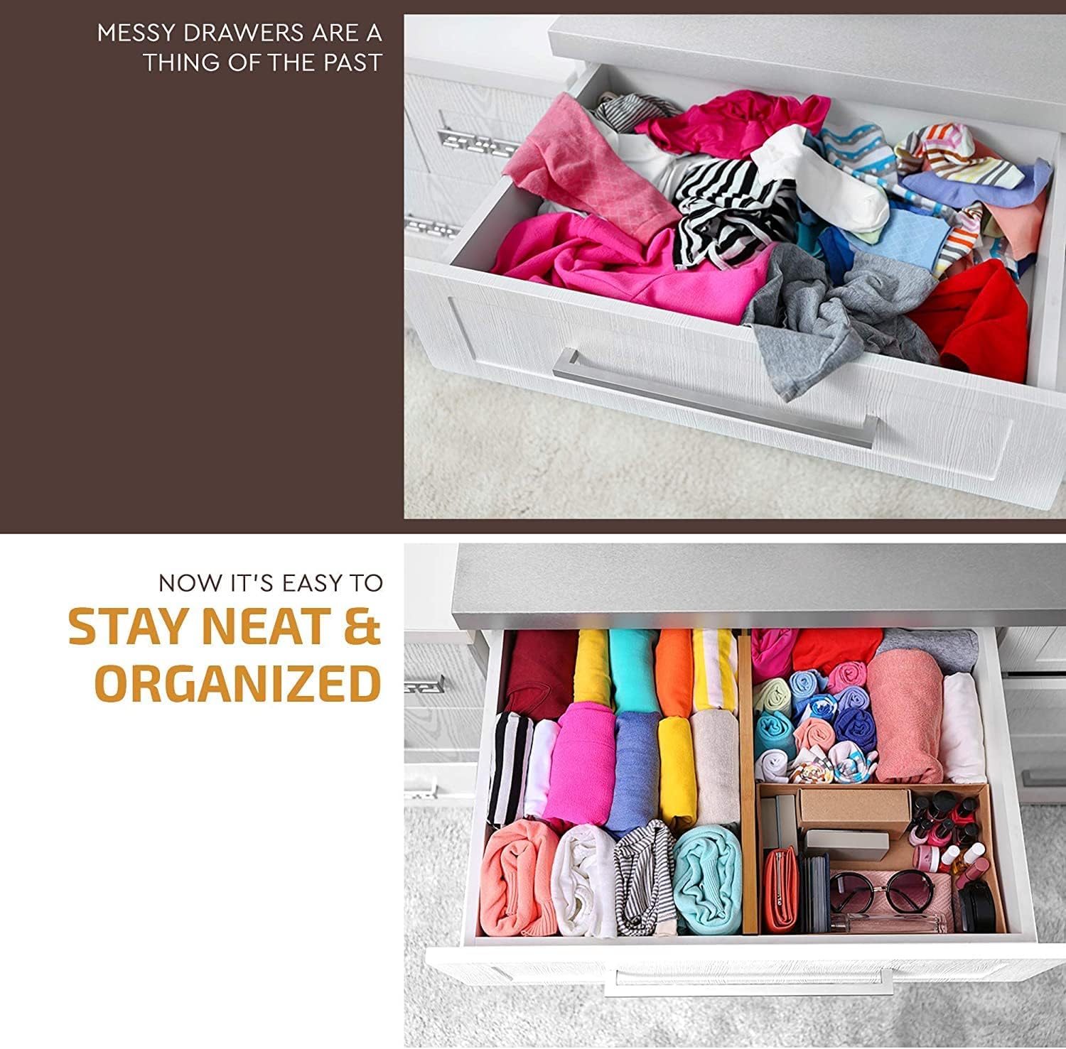 6 Pack Bamboo Drawer Dividers - 17inch to 21.5inch Expandable Adjustable Drawer Organizer for Kitchen Utensils, Large Kitchen Drawer Divider, Clothes, Dresser, Bedroom, Bathroom & Desk Drawer Separator Set