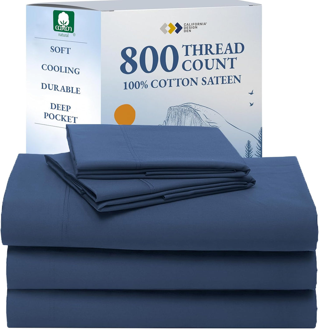 California Design Den Split King Sheets Sets for Adjustable Bed - Luxury Hotel 800 Thread Count Sateen, Natural 100% Cotton Bed Sheets, Deep Pockets Durable Bedding Set - Navy Blue