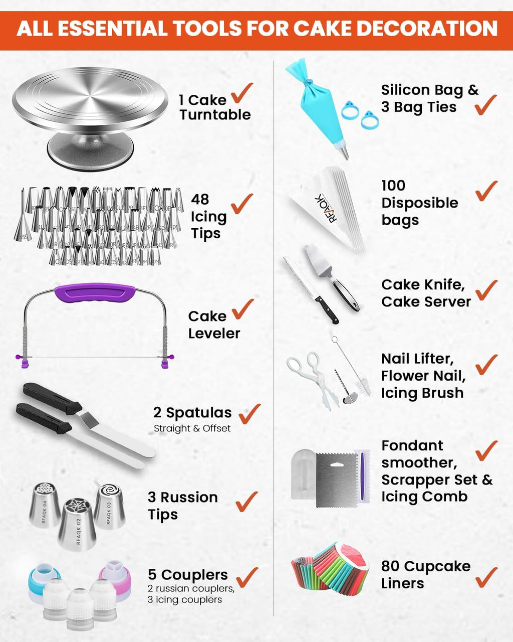 RFAQ 25 PC Aluminu Cak Decoratin Tool Ki wit 12inc Meta Turntabl Knif set-4 Numbere Icin Tips- Russia Pipin Nozzles-Straigh Angle Spatula-Cak Leveler Bakin Supplie Tools