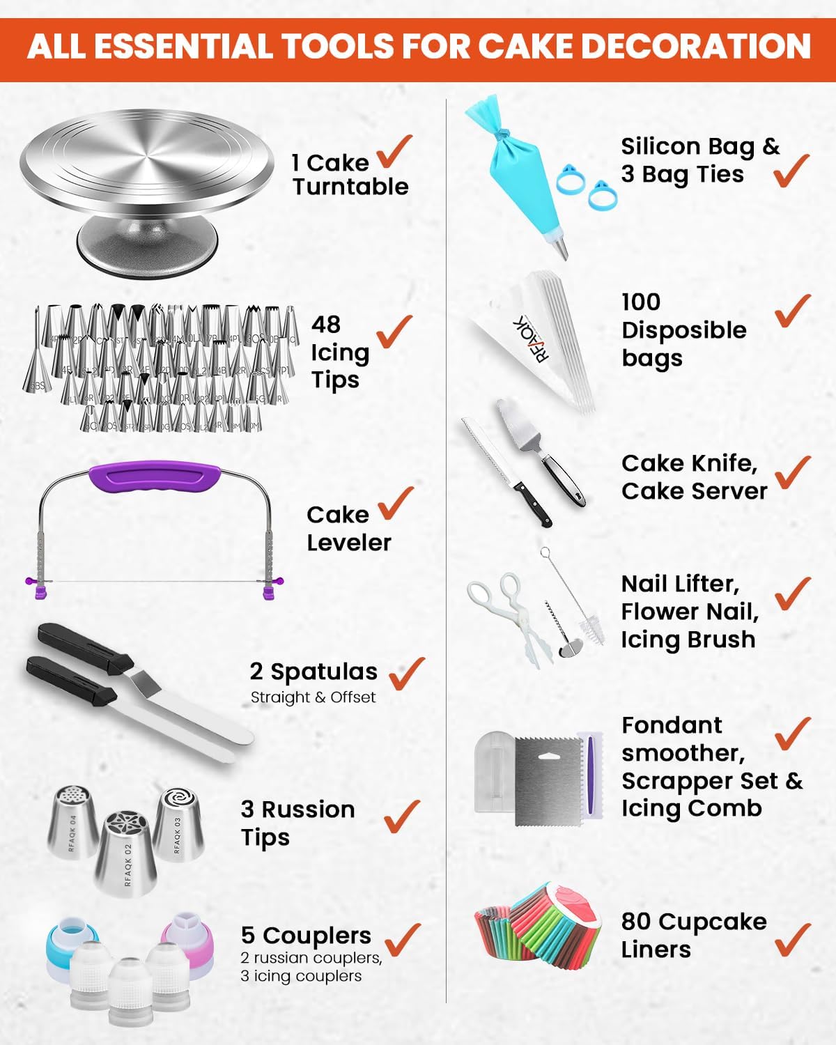 RFAQ 25 PC Aluminu Cak Decoratin Tool Ki wit 12inc Meta Turntabl Knif set-4 Numbere Icin Tips- Russia Pipin Nozzles-Straigh Angle Spatula-Cak Leveler Bakin Supplie Tools