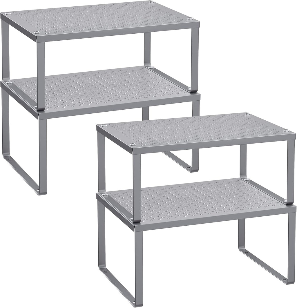 SONGMICS Spice Racks, Set of 4 Metal Cabinet Shelf Organizers, Countertop Organizers, Shelf Risers, Stackable, Expandable, Silver UKCS006S01
