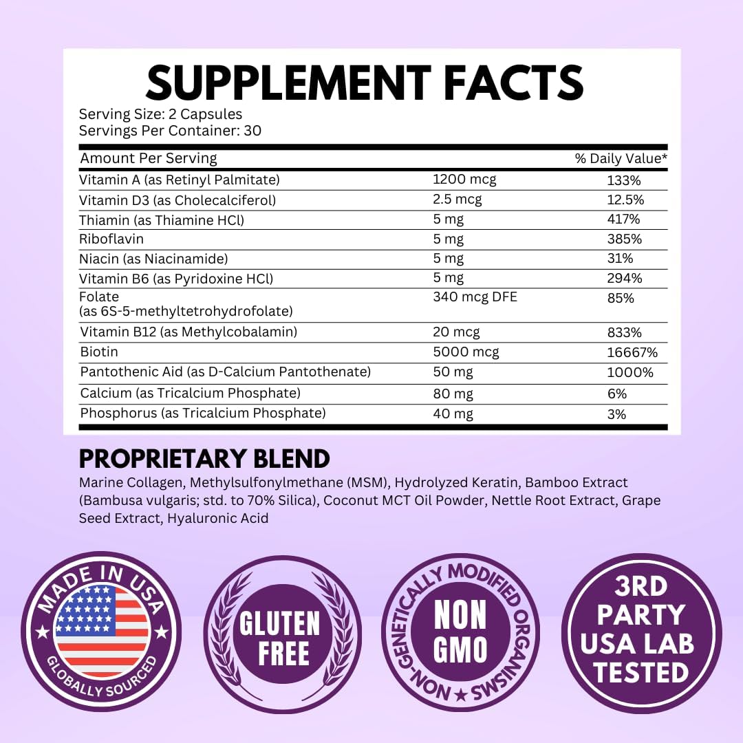 Biotin with Hyaluronic Acid, Collagen and Keratin ¨C 25000 mcg Hair Growth Vitamins for Men and Women ¨C Nails and Skin, USA Made - Third Party Tested, B1, B2, B3, B6, B7 Complex - 60 Capsules