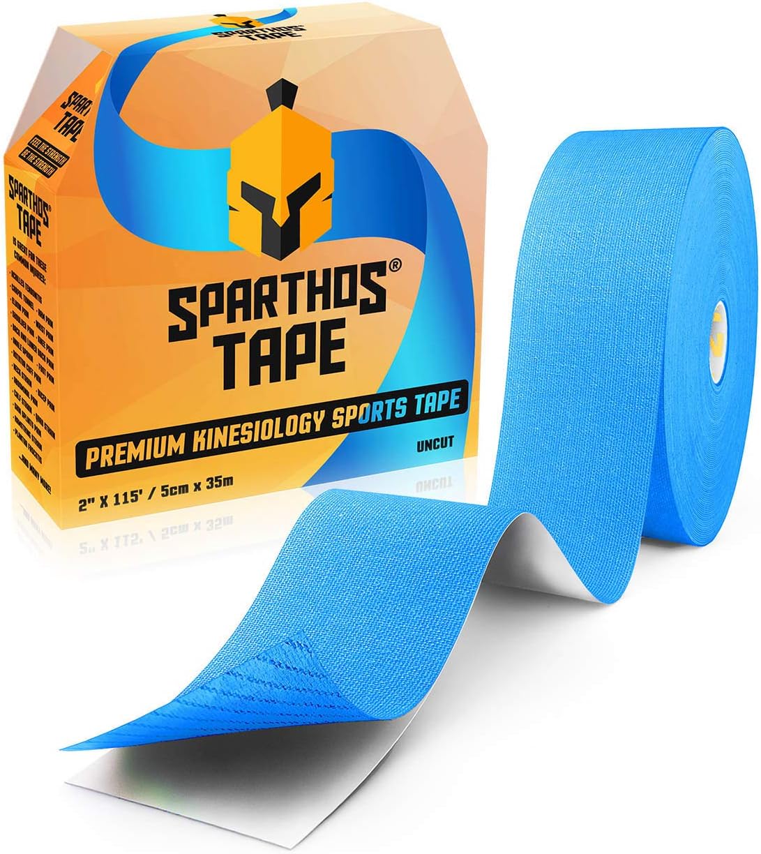 Sparthos Kinesiology Tape - Bulk Large Jumbo - Kinesio Taping Guide! - Support for Pro Athletic Sports - Lift Knee Muscle Body Wrist Brace Carpal Tunnel - Uncut 115 ft Roll (Blue)
