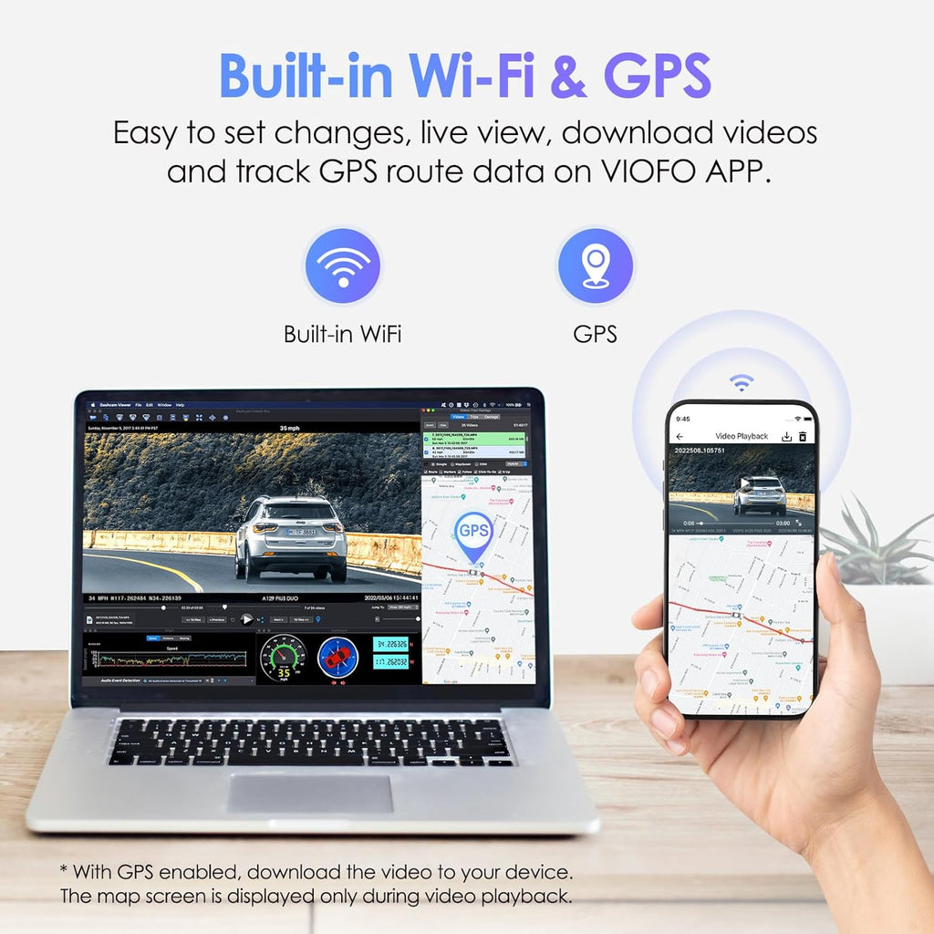 VIOF Dua Das Cam 2 1440 60fps+1080 30fp Fron an Rea Das Camer wit Wi-F GPS Parkin Mode Emergenc Recording Supe Capacitor Motio Detectio (A12 Plu Duo)