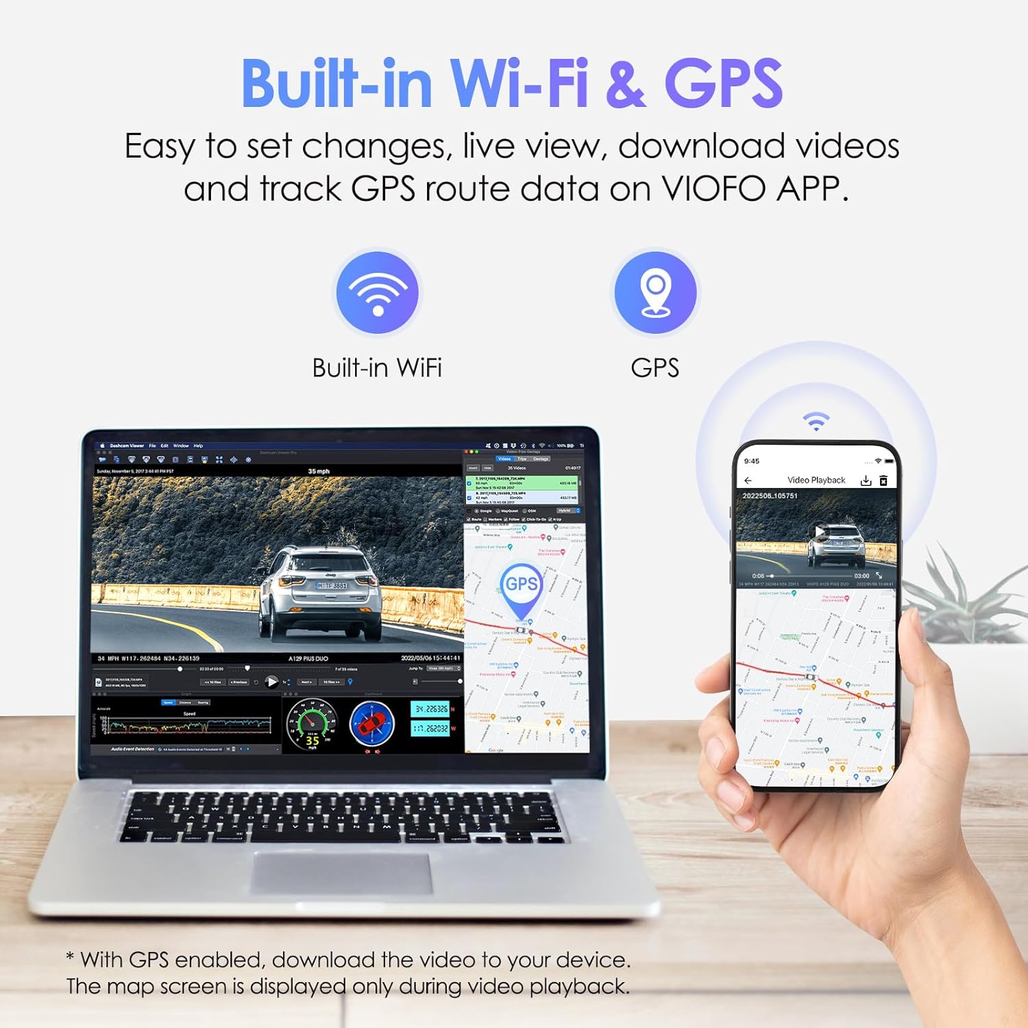 VIOF Dua Das Cam 2 1440 60fps+1080 30fp Fron an Rea Das Camer wit Wi-F GPS Parkin Mode Emergenc Recording Supe Capacitor Motio Detectio (A12 Plu Duo)
