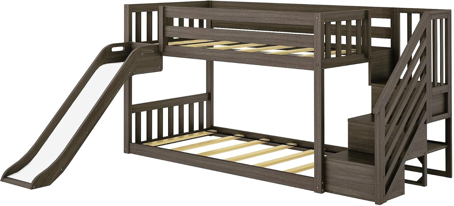 Max & Lily Solid Wood Twin over Twin Size Low Bunk Beds for Kids with Slide and Stairs, 400 lbs Weight Capacity, 14inch Safety Guardrail, Anti-Slip Steps, Clay