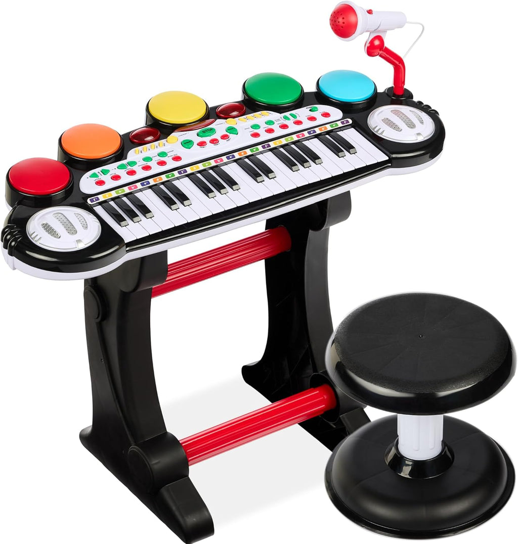 Best Choice Products 37-Key Kids Electronic Musical Instrument Piano Learning Toy Keyboard w/ Multiple Sounds, Lights, Microphone, Stool - Black