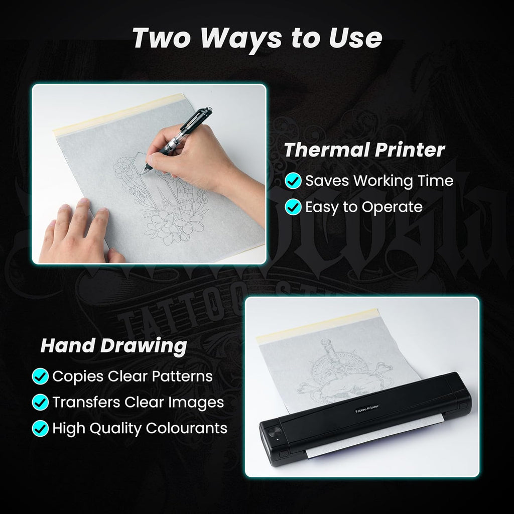 TATTMUS Tatto Transfe Paper 50pc A Siz 8.26inc 11.69inch Therma Stenci Paper Layer Tracin Paper Compatibl wit M08F/A886/A887/P90/ITP0 Printe Tatto Ki Supplies