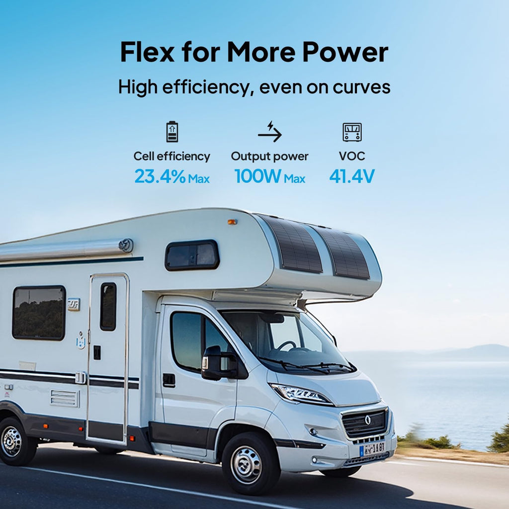 BLUETTI 2 100W Flexible Solar Panels for RVSolar 48V System, 23.4% High Efficiency, 240¡ã Bendable, IP67 Solar Panel for RVs, Camping, Marine, Curved Surfaces