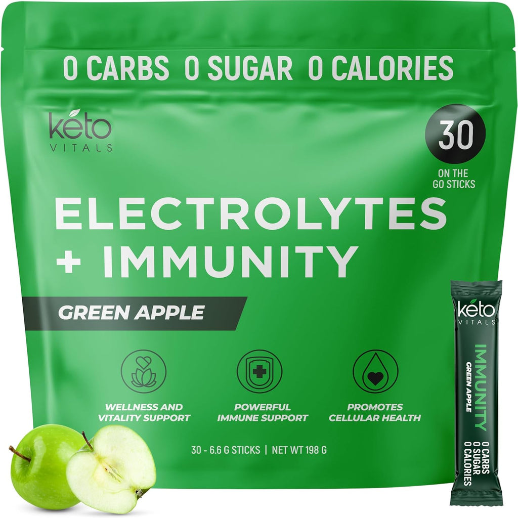 Keto Vitals Immunity Sugar Free Electrolytes Powder with Vitamin C, Ginger, Turmeric, Elderberry - Boost Your Immune System and Rehydrate Your Body - Green Apple Flavor, 30 Count