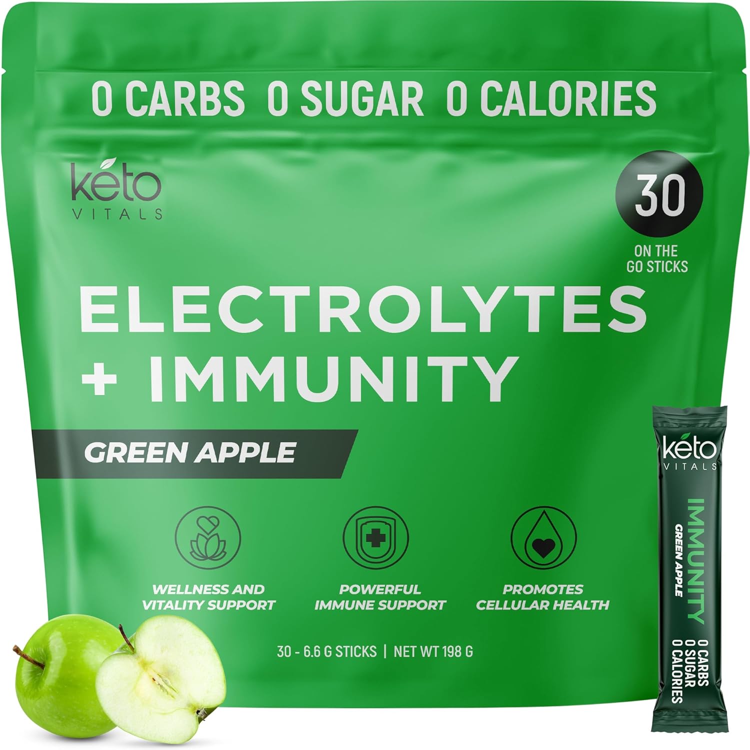 Keto Vitals Immunity Sugar Free Electrolytes Powder with Vitamin C, Ginger, Turmeric, Elderberry - Boost Your Immune System and Rehydrate Your Body - Green Apple Flavor, 30 Count