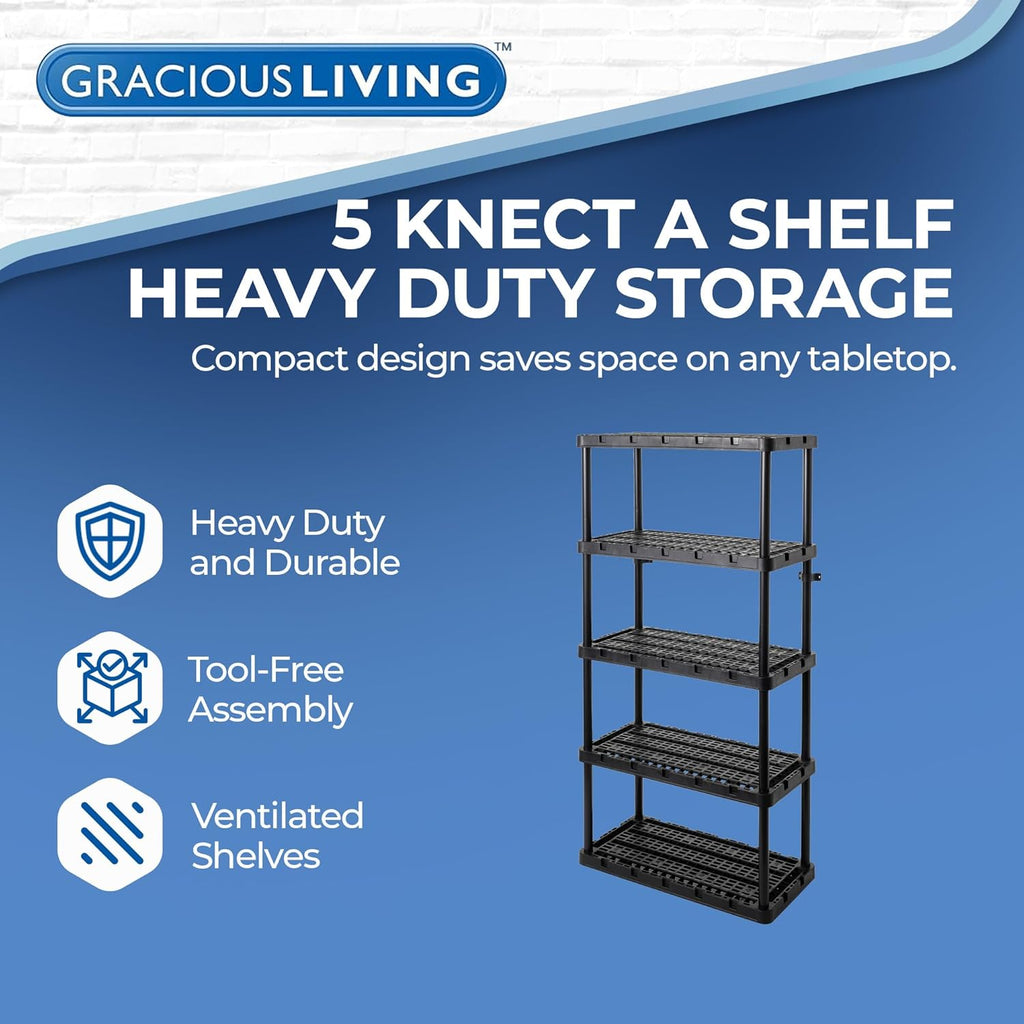 Gracious Living 2-Pack 5 Shelf Unit, Storage Shelves and Rack for Home & Garage, Black - Multipurpose and Heavy-Duty Plastic Shelving Organizer - Ideal for Kitchen, Closet, and Pantry