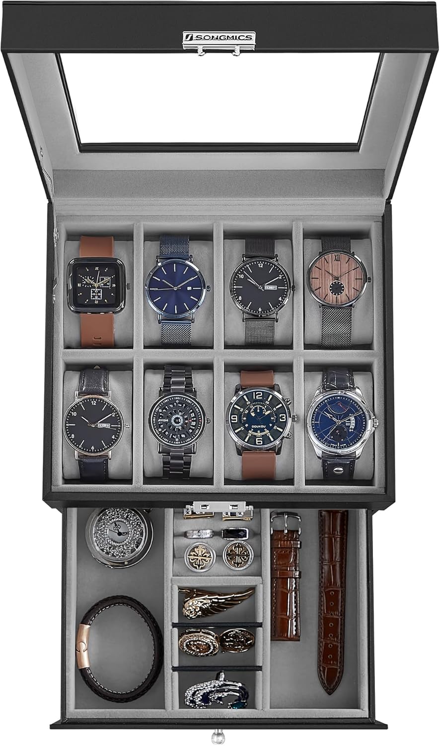 Watch Box, 8-Slot Watch Case Organizer with Large Glass Lid, 2 Layers, Removable Pillows, Metal Lock, Black Synthetic Leather, Christmas Gift, Greenish Gray Lining UJWB080G01