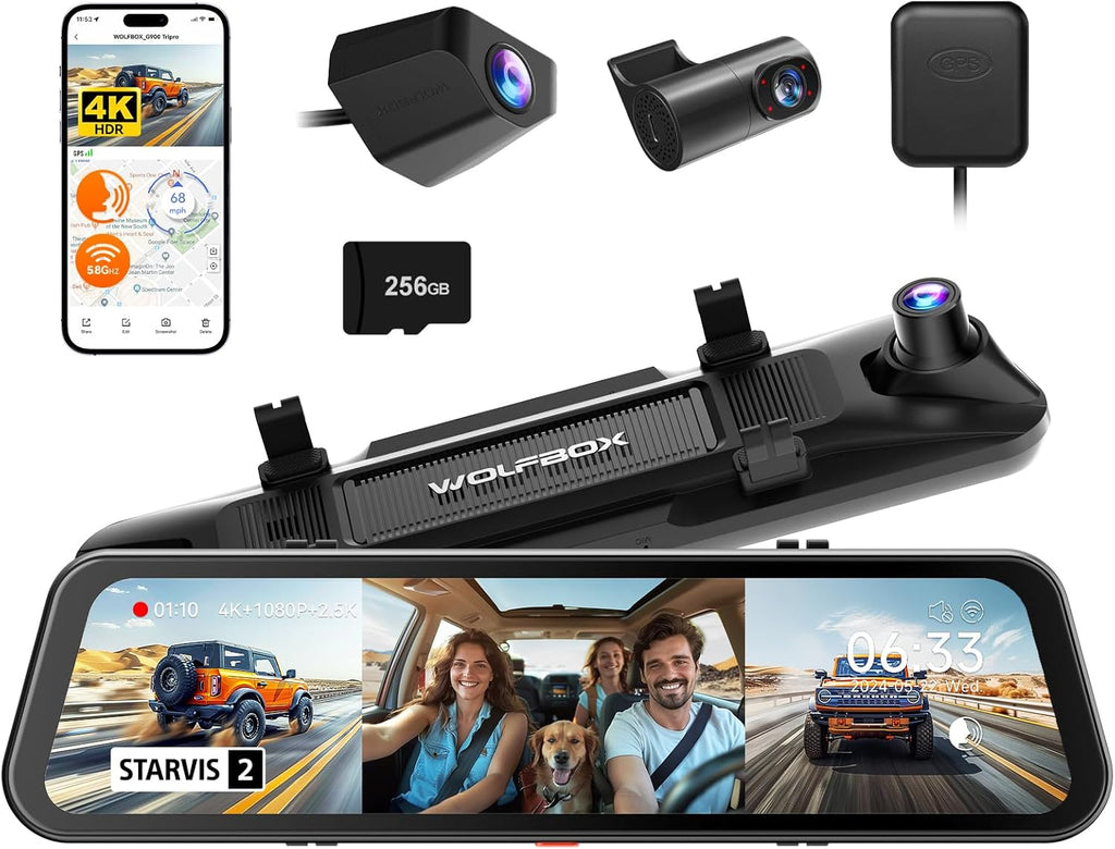 WOLFBO G90 Tripr Cabi Versio Channe 4 Rea Vie Mirro Camera,8M STARVI IMX67 Nigh Vision,4K+1080P+2.5 Fron Insid an Rea Mirro Das Cam,5.8GH WiFi,Voic Control,Include 256G Card