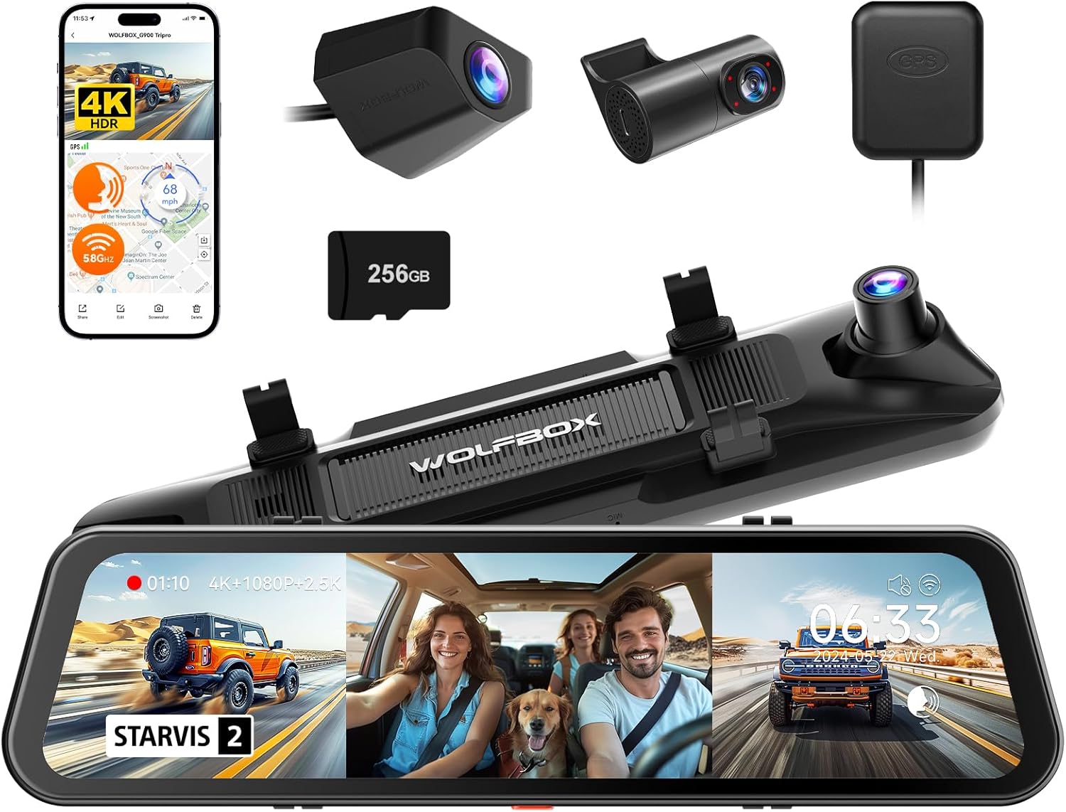 WOLFBO G90 Tripr Cabi Versio Channe 4 Rea Vie Mirro Camera,8M STARVI IMX67 Nigh Vision,4K+1080P+2.5 Fron Insid an Rea Mirro Das Cam,5.8GH WiFi,Voic Control,Include 256G Card