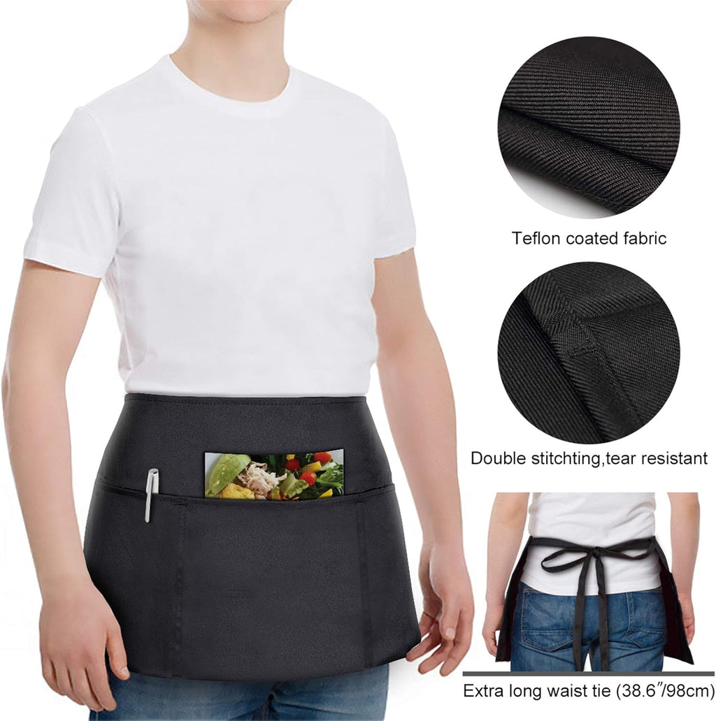 2 Pack Waitress Apron with 3 Pockets - Water Oil Resistant - Black Waist Aprons for Servers - Half Aprons for Women - 12 Inch
