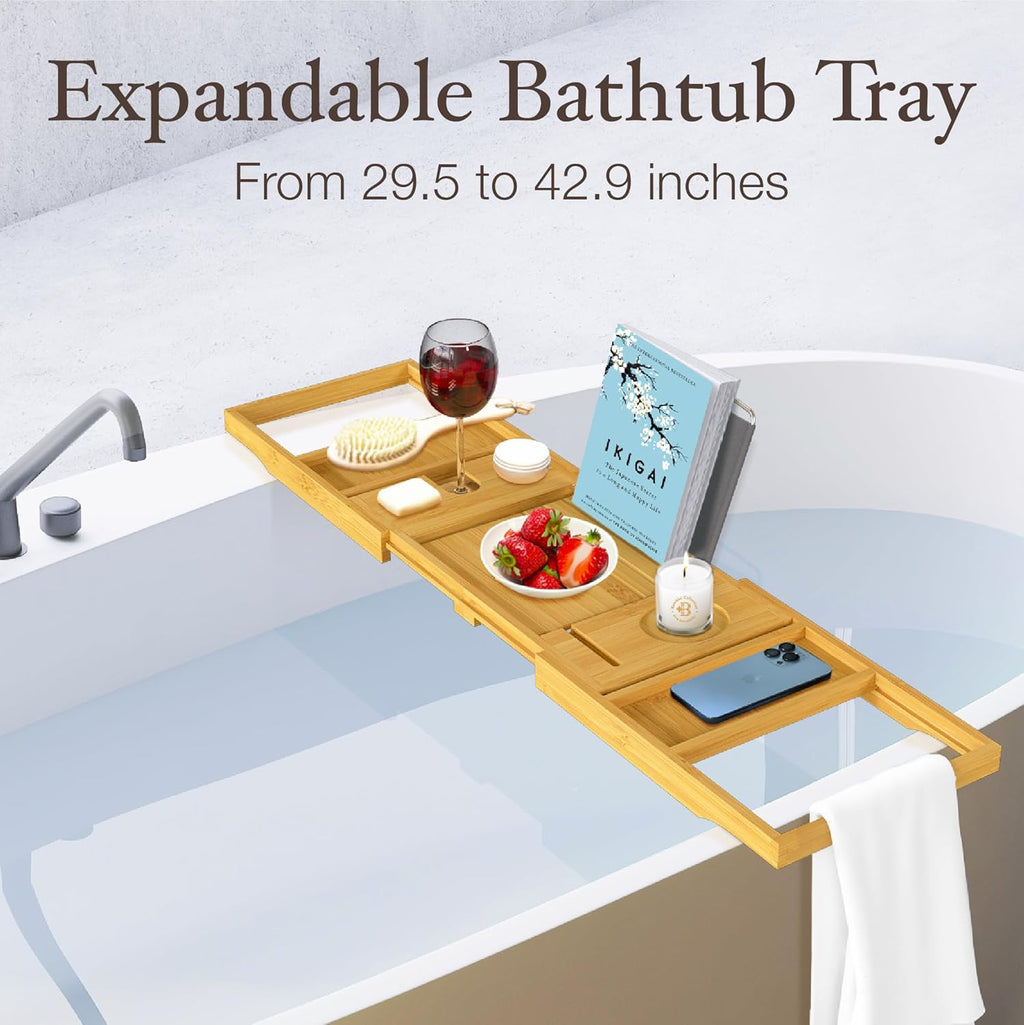 Wooden Bathtub Tray - Foldable Expandable Bamboo Bath Tray for Tub with Wine Holder, Book Tablet Stand - Bath Caddy for Bathtub, Spa Bath Accessories for Women, Tub Tray Table, Gift for Her or Him